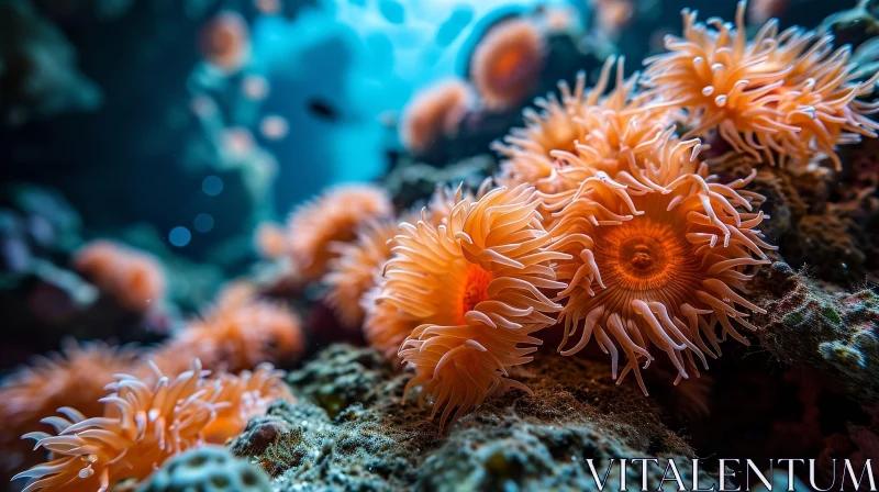 Serene Underwater Beauty: Orange Sea Anemones in Deep Blue Water AI Image