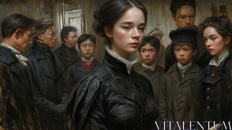 AI ART Serious Young Woman in Black Dress with Group of Boys - Realistic Painting