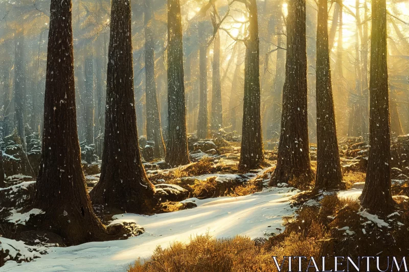 Snowy Forest with Pine Trees: A Serene Winter Scene AI Image