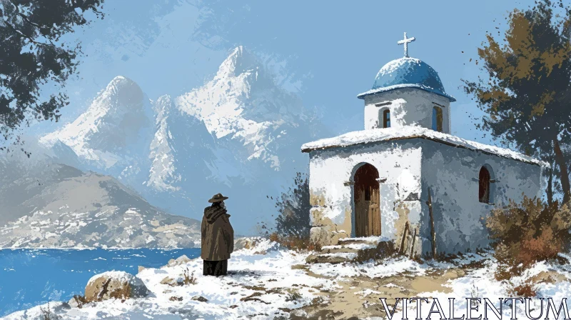 Snowy Hilltop Church Painting - Tranquil Beauty and Serenity AI Image