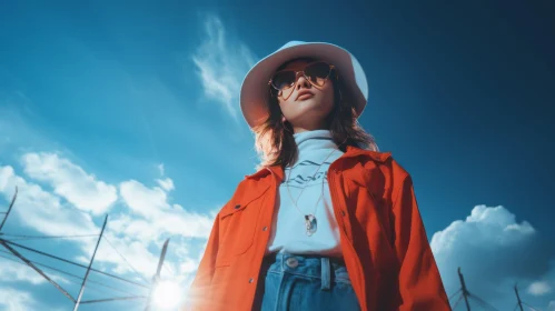 Stylish Woman in White Bucket Hat and Orange Jacket Against Blue Sky