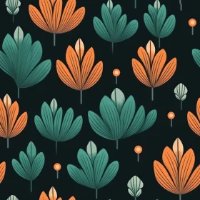 Stylized Leaves and Flowers Pattern on Dark Blue Background