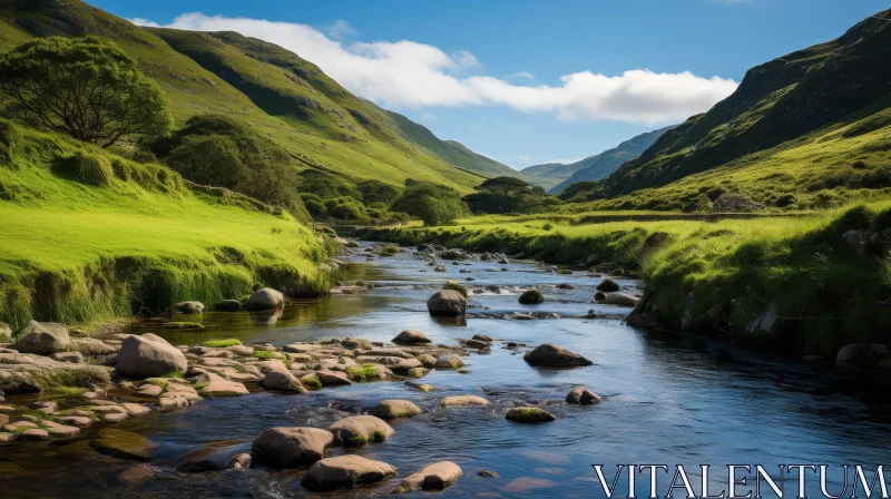 Tranquil Valley Landscape with River and Mountains AI Image