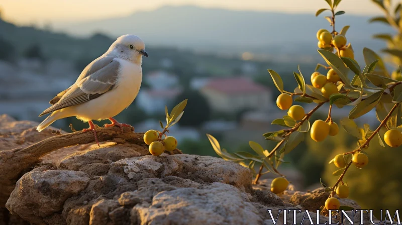 AI ART White Dove on Olive Tree Branch - Serene Nature Scene
