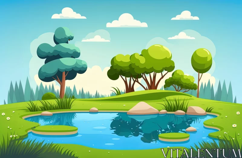 Cartoon Landscape with Pond, Trees, Grass, and Rocks | Nature-Inspired Artwork AI Image