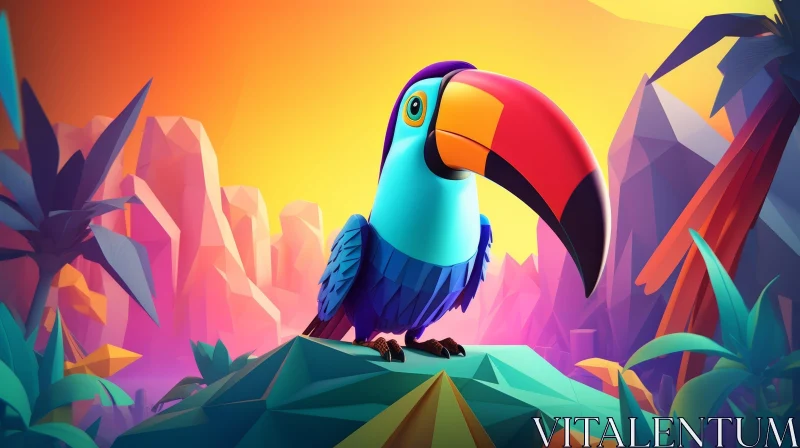 Cartoon Toucan in Jungle Sunset 3D Illustration AI Image