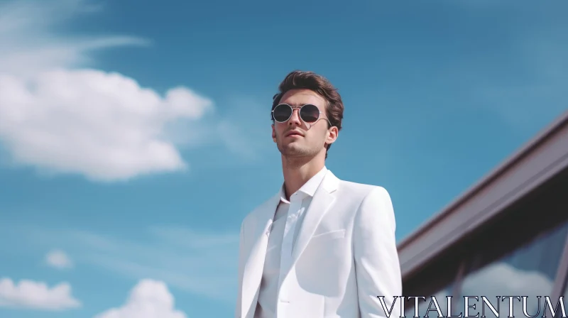Confident Young Man in White Suit on Rooftop AI Image