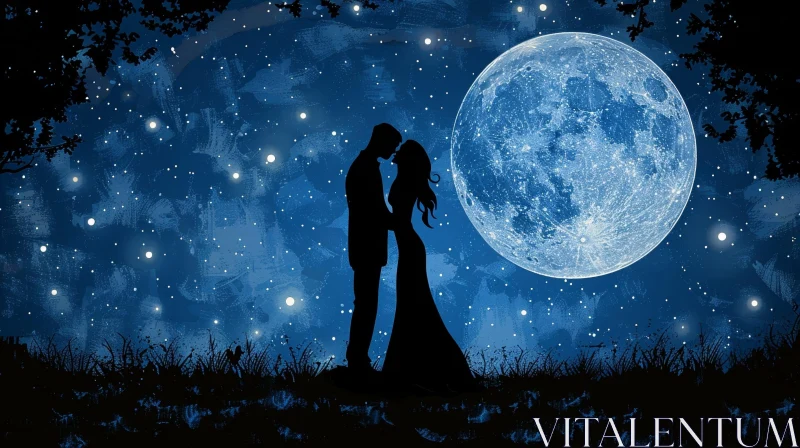 Enchanting Night Scene: Couple Embracing Under Full Moon AI Image