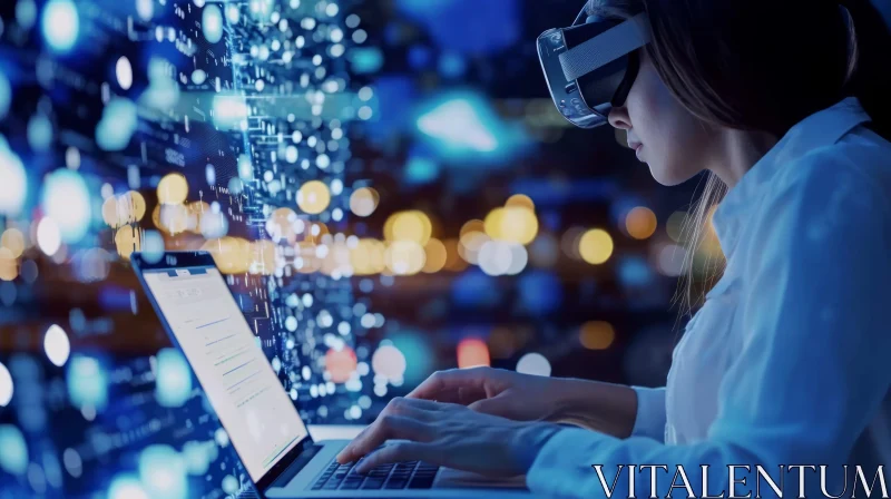 Immersive Virtual Reality Experience: A Young Woman in a Futuristic Cityscape AI Image