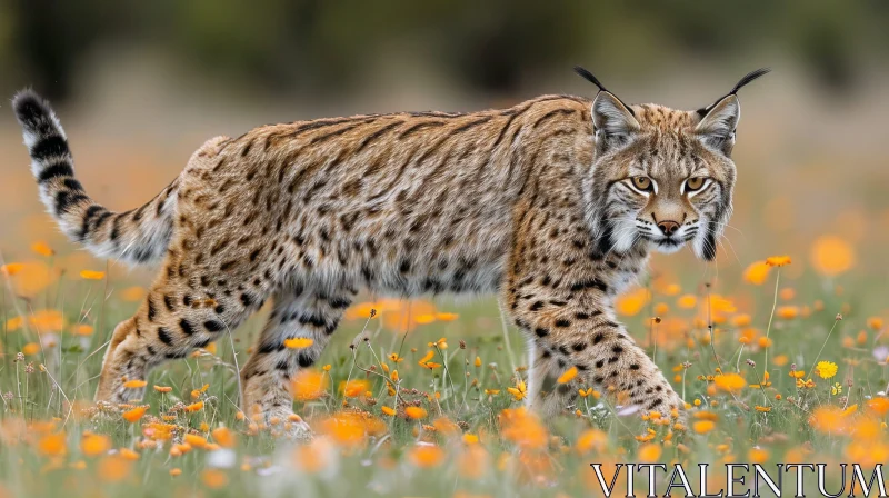 Majestic Lynx Walking Through Field of Flowers AI Image