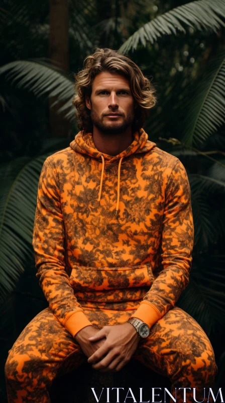 AI ART Male Model in Orange Camo Outfit - Tropical Fashion Shoot