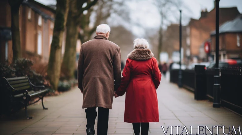 Urban Love: Elderly Couple Walking Down Sidewalk AI Image