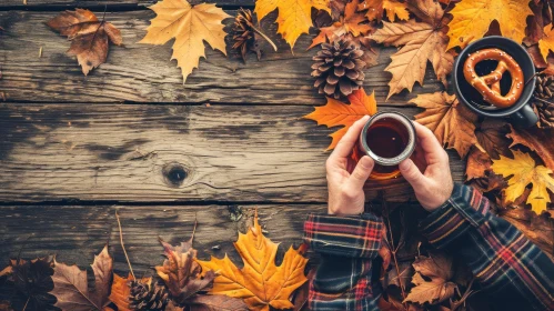 Autumnal Serenity: Person Enjoying Tea at a Wooden Table
