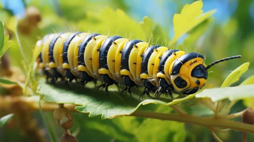 Black and Yellow Caterpillar on Green Leaf - Nature Image
