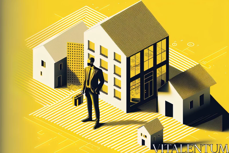 AI ART Businessman Standing Near Yellow Home Structure | Graphic Design-Inspired Illustration
