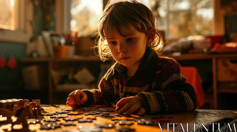 Captivating Preschool Boy Concentrating on Jigsaw Puzzle in Warm Sunlight AI Image