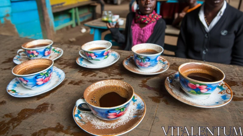 Captivating Still Life: Coffee Cups on Wooden Table with African Clothing AI Image