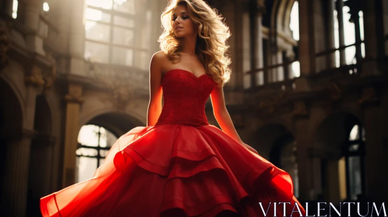 Elegant Woman in Red Dress Standing in Grand Hall