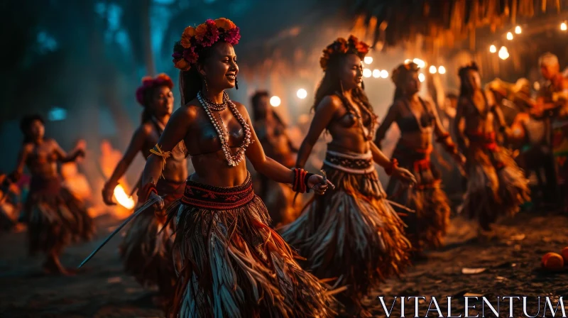 Enchanting Polynesian Dance: Vibrant Women with Fire Torches AI Image