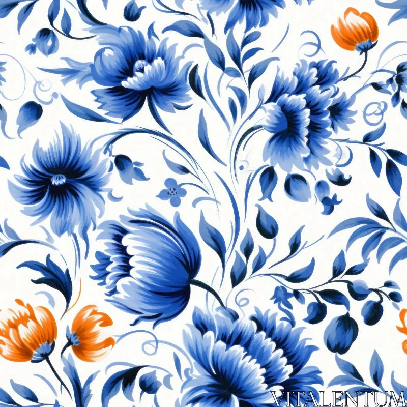 Floral Pattern with Blue and Orange Flowers AI Image