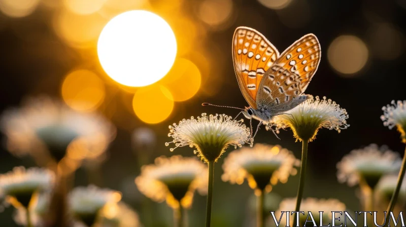 Orange Butterfly on White Flower at Sunset AI Image