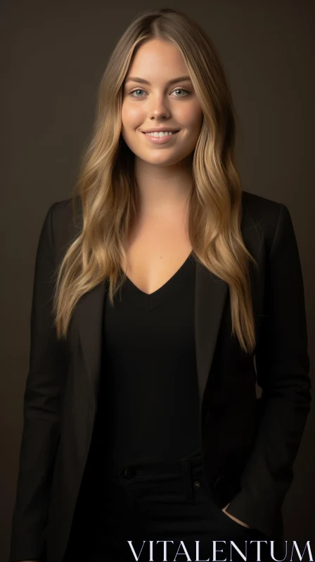 Portrait of Smiling Woman in Black Suit AI Image