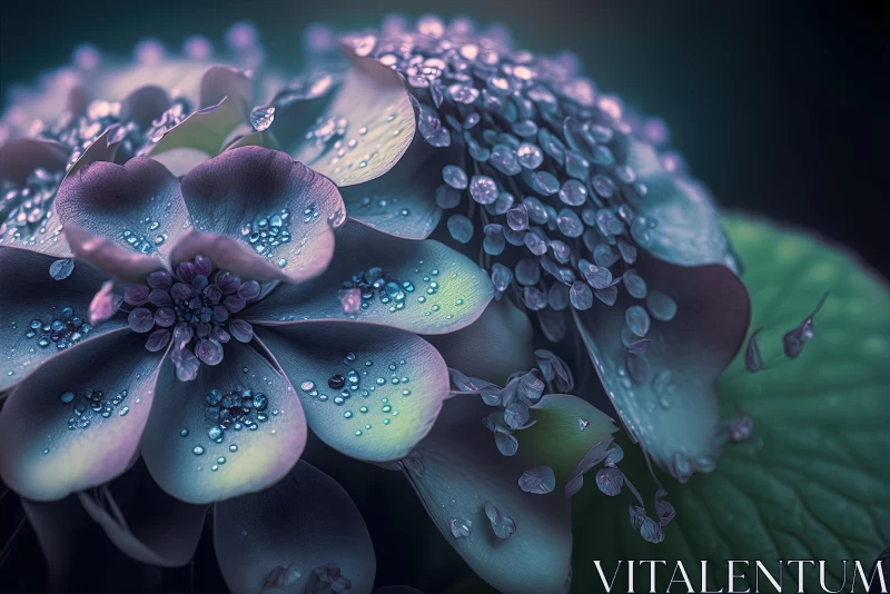 AI ART Purple Hydrangea Flower with Water Droplets - Realistic Rendering