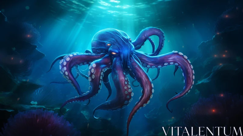 Realistic Digital Painting of Octopus in Blue Background AI Image