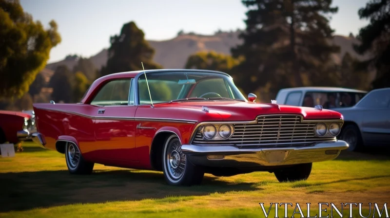 Red Vintage Car on Green Field Stock Photo