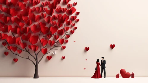 Romantic Digital Illustration of Couple by Tree with Red Paper Hearts