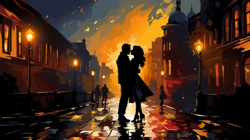 Romantic Night Painting: Couple Kissing in Rain