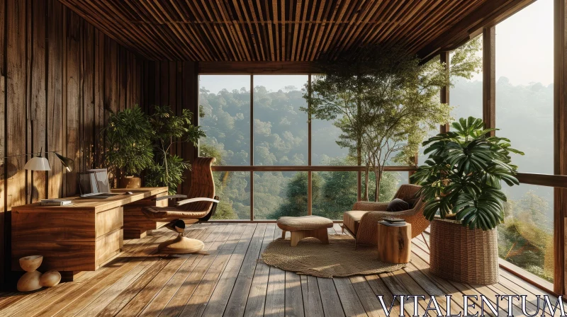 Serenity and Elegance: Modern Wooden House with Panoramic Forest View AI Image