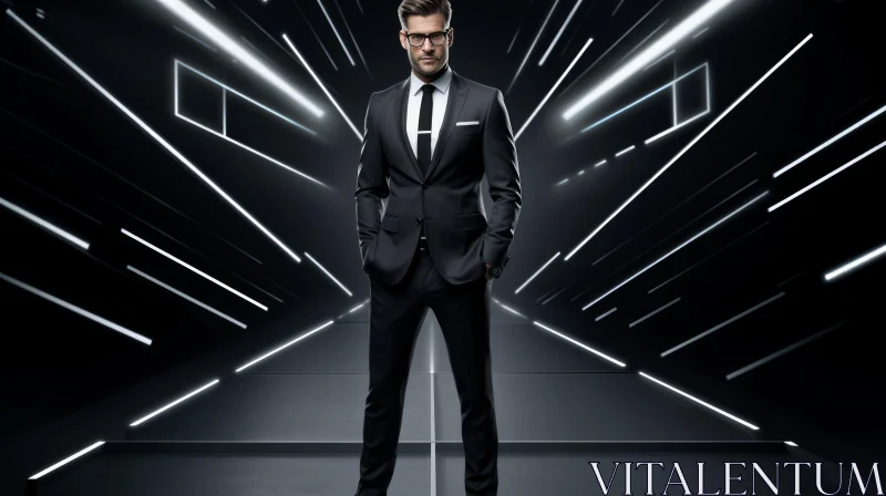 Serious Man in Black Suit with Glasses AI Image