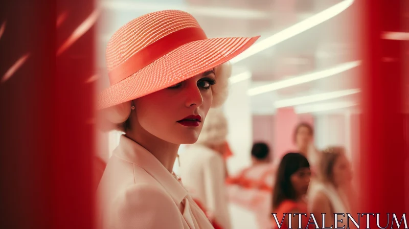 Stylish Woman in Red-Orange Hat and White Suit Jacket AI Image