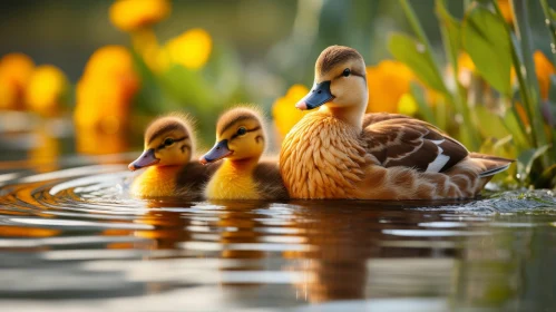 Tranquil Family of Ducks Swimming in Pond