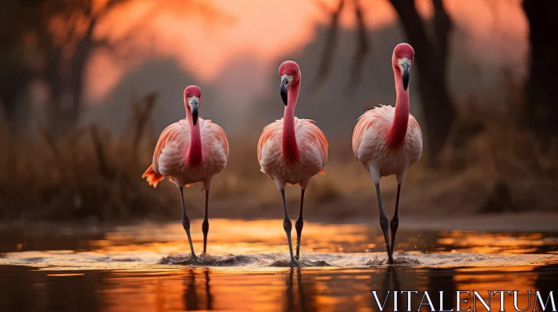 AI ART Tranquil Sunset Scene: Pink Flamingos in a Lake