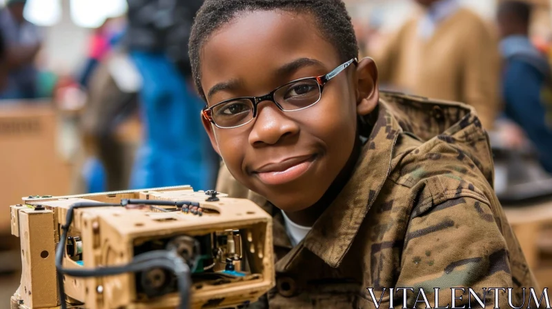 Young African-American Boy Smiling with Robot | Artwork AI Image