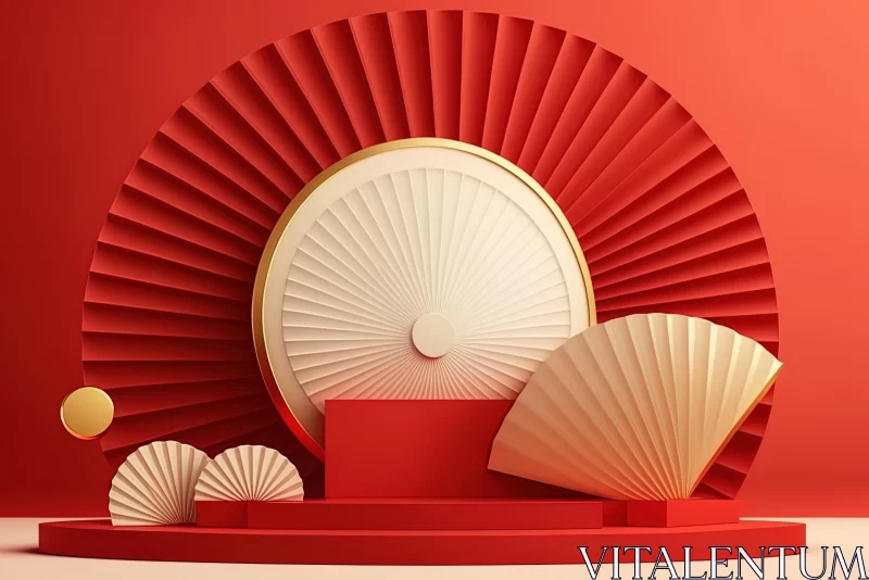 Captivating 3D Chinese Art: Chinese Fans Against a Vibrant Red Background AI Image