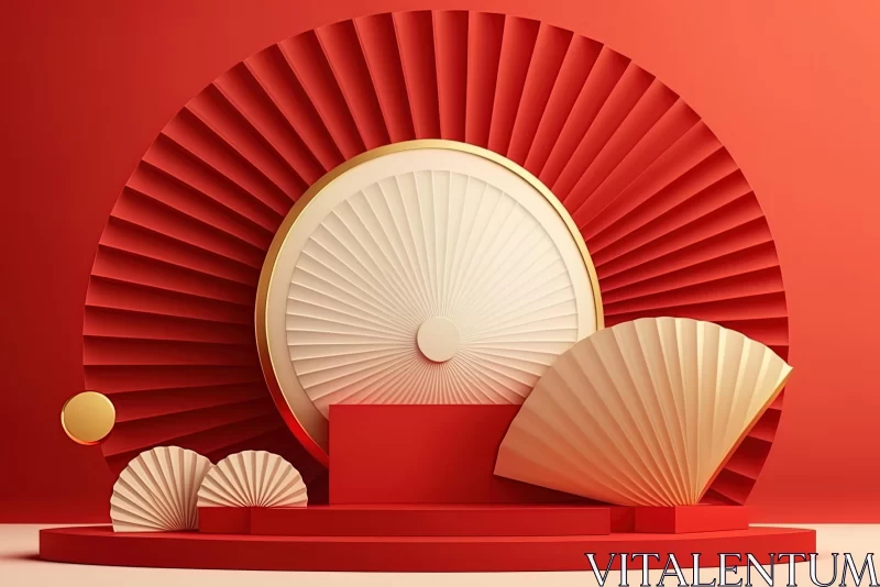 Captivating 3D Chinese Art: Chinese Fans Against a Vibrant Red Background