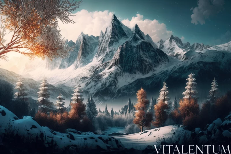 Captivating Snowy Landscape with Trees and Mountains | Realistic Fantasy Artwork
