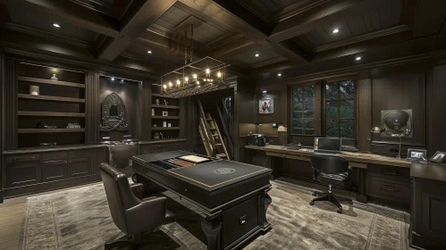 Cozy Home Office with Dark Wood Theme