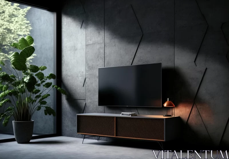 Modern White TV Cabinet with Plant Lamp | Dark Gray and Dark Amber AI Image