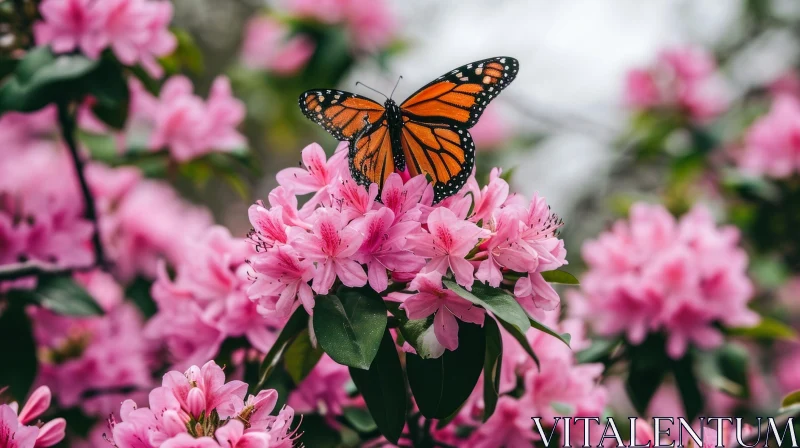 Monarch Butterfly on Pink Azalea Flowers AI Image