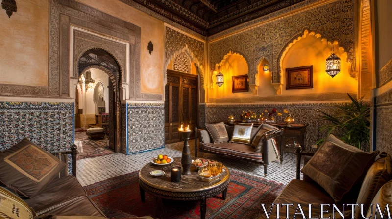 Opulent Moroccan Living Room with Intricate Tile Work and Carved Wooden Ceilings AI Image