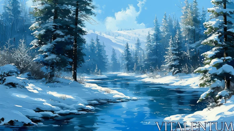 Tranquil Winter Landscape with River Flowing Through Snowy Forest AI Image