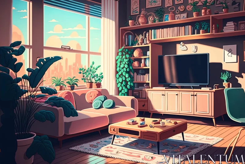 AI ART Cozy Living Room with Plants and Vintage TV | Retro Filters | 2D Game Art