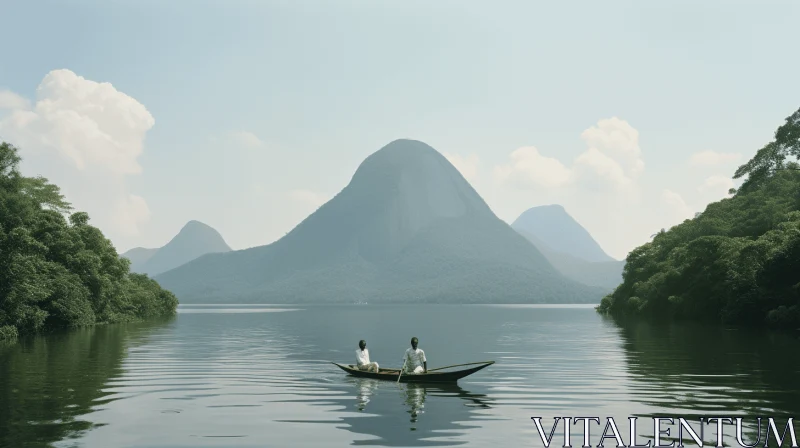 Delicately Rendered Landscapes: A Serene Image of Two People in a Canoe AI Image