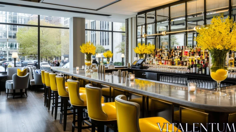 Elegant and Modern Bar with Marble Top and Yellow Leather Chairs AI Image