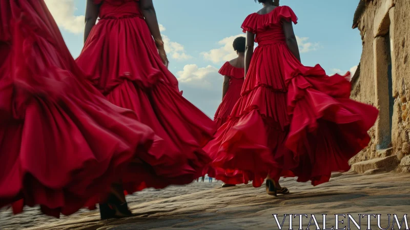 Elegant Women in Red Dresses Walking on Stone Path AI Image