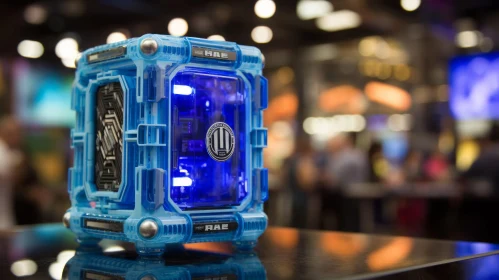 Futuristic Blue and Black Gaming PC Case with Illuminated Logo